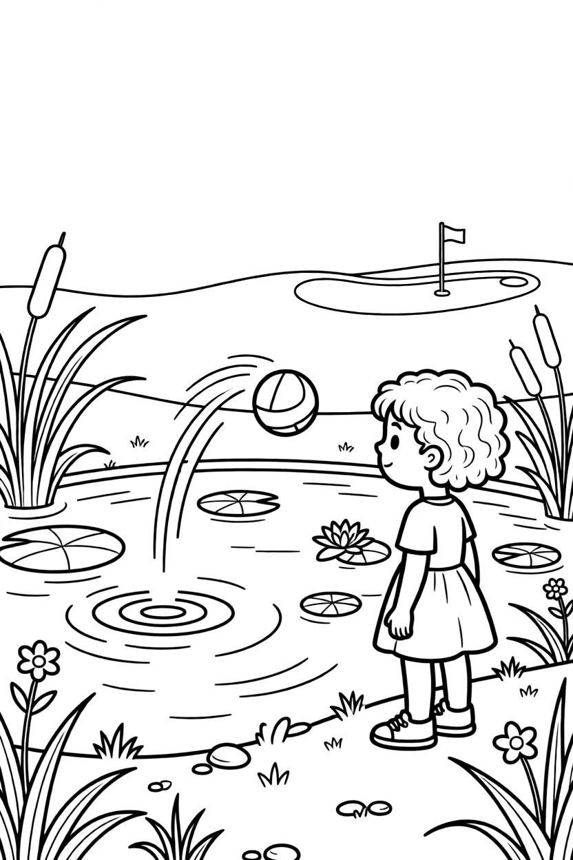 A little girl with curly hair, watching the ball arc gracefully over a pond toward the green.