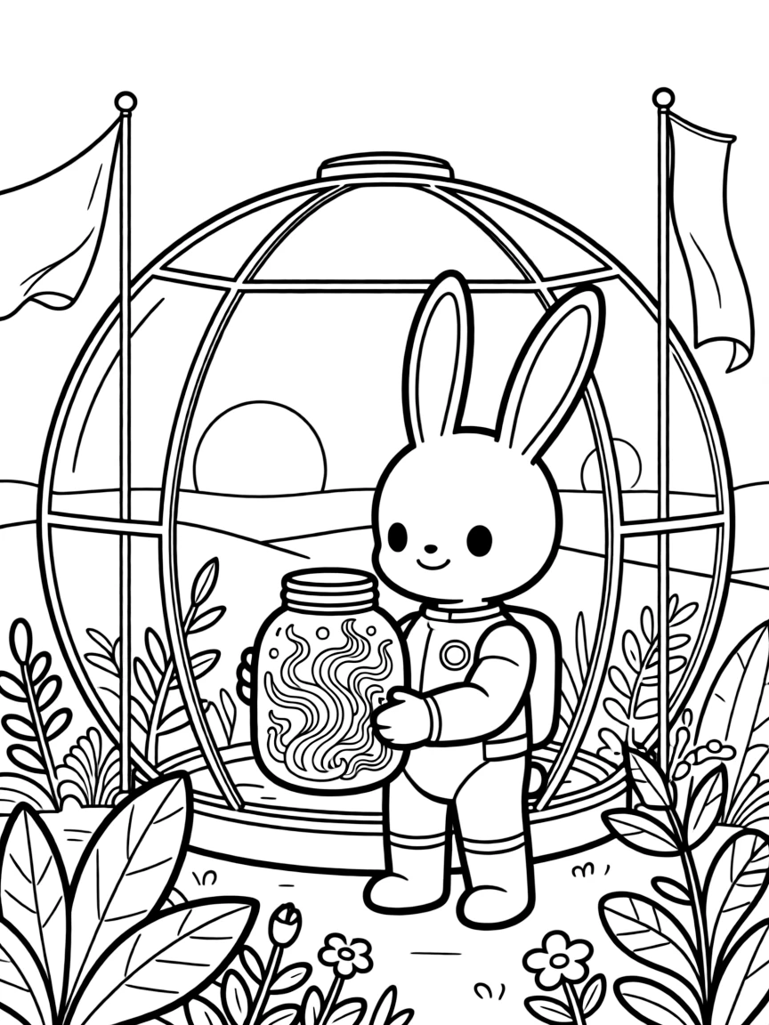 Glowfin, a bouncy alien creature with rabbit-like ears capturing a wild burst of aurora light in a jar for the science lab, in a orbiting greenhouse station shaped like a giant glass sphere, with banners and flags fluttering from tall towers and a pair of moons rising over the horizon nearby.