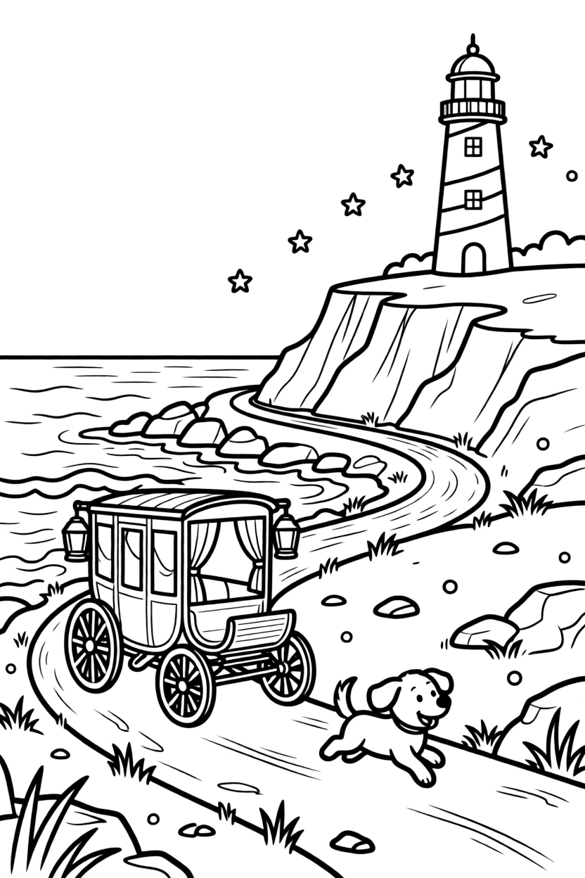 The scene captures a rickety stagecoach kicking up dust on a dirt trail in the middle of a rocky coastline with a striped lighthouse on the cliff, with an excited puppy chasing along the road nearby and a signal light blinking cheerfully sprinkled around for extra fun.