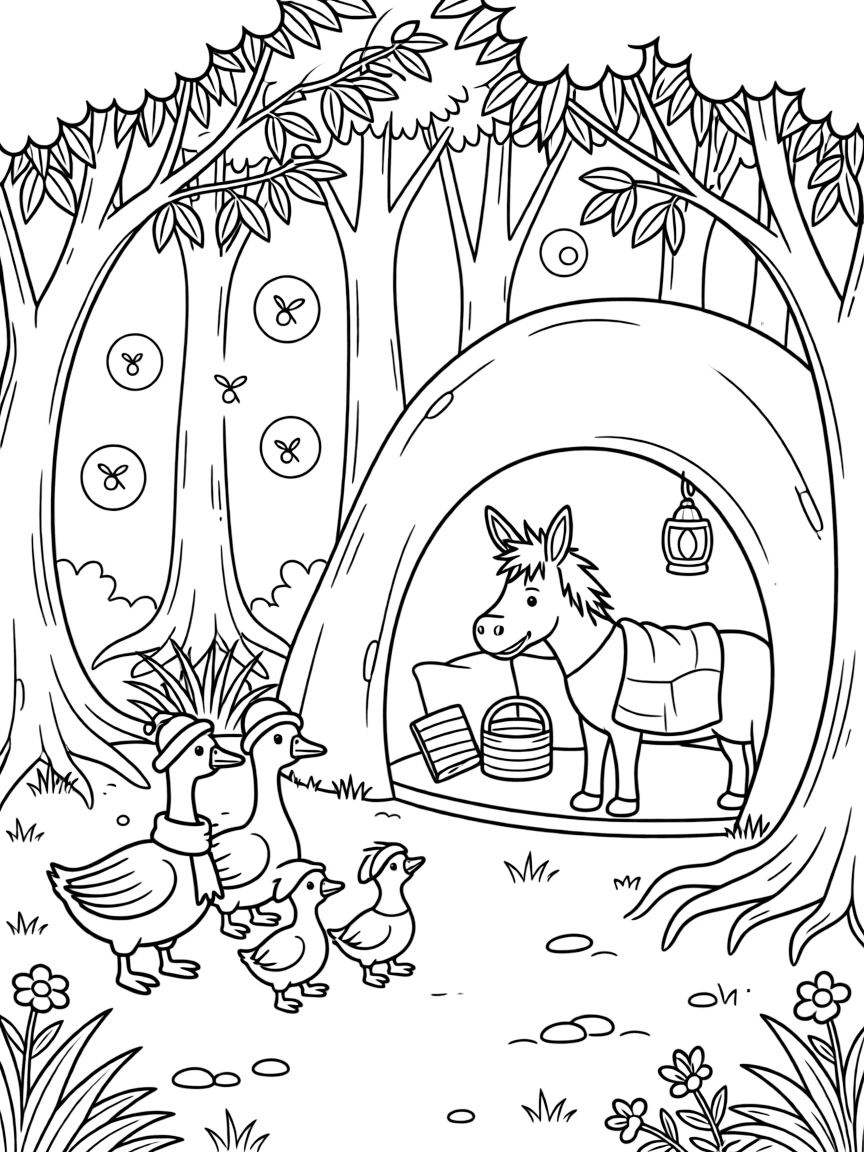 A goose family watching fireflies light up with a donkey in a cozy burrow, near a mangrove forest.