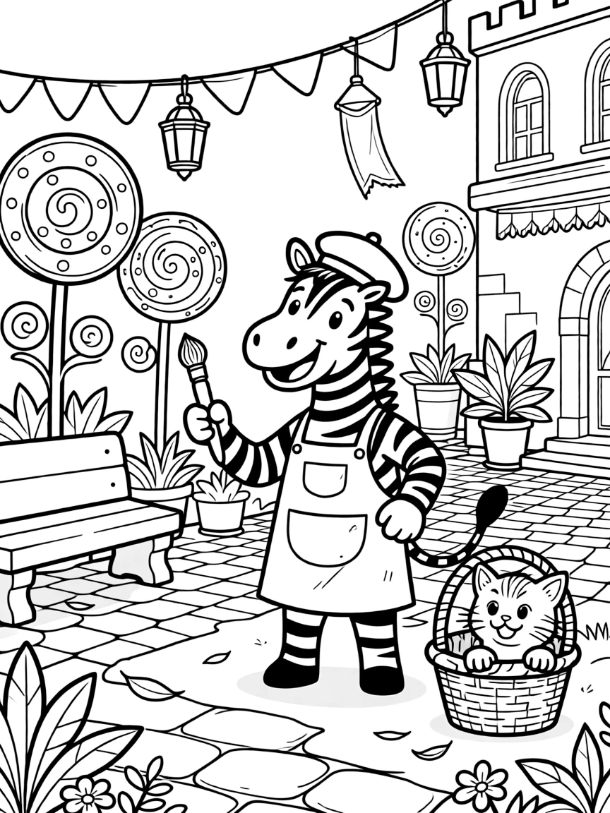 A proud zebra artist takes a break from adventures to try planting a garden of lollipop flowers at a royal castle courtyard decorated for a festival, with a curious kitten peeking out from a basket close behind. The whole crew is grinning from ear to ear.