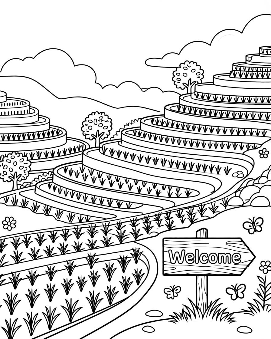 A coloring page inviting kids to explore Philippines through the layered green rice terraces climbing a mountainside, with small trees, flowers, and a signpost welcoming visitors nearby.