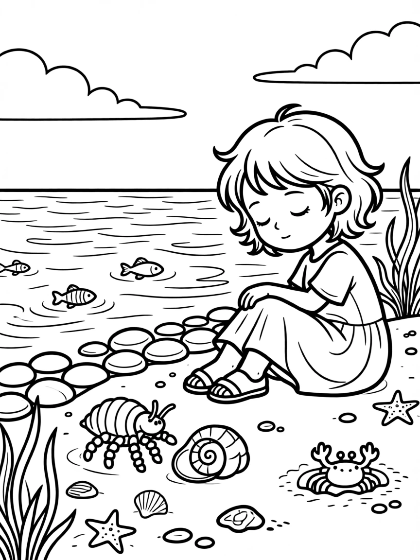 a sleepy little girl watches a hermit crab choose a new shell home at a tide pool.