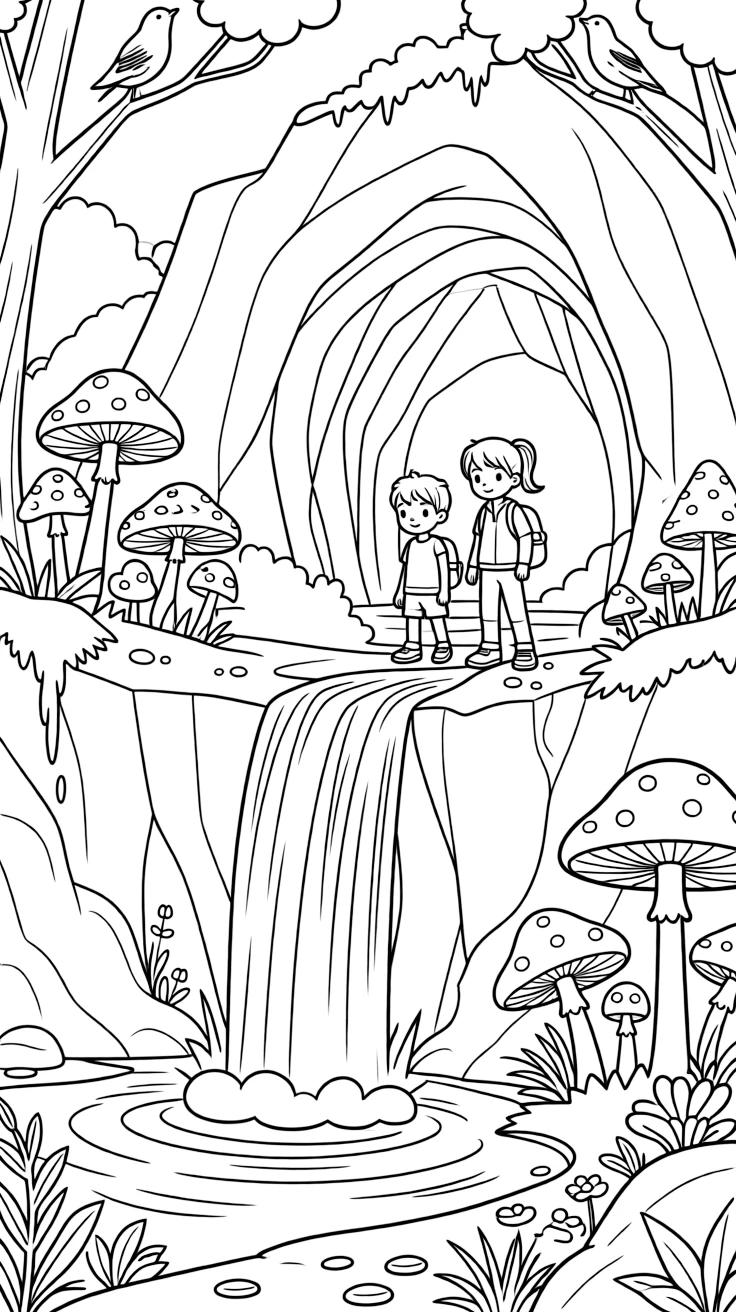 A hidden waterfall reveals a secret cave behind its curtain of water, glowing mushrooms lighting the way for two young explorers.