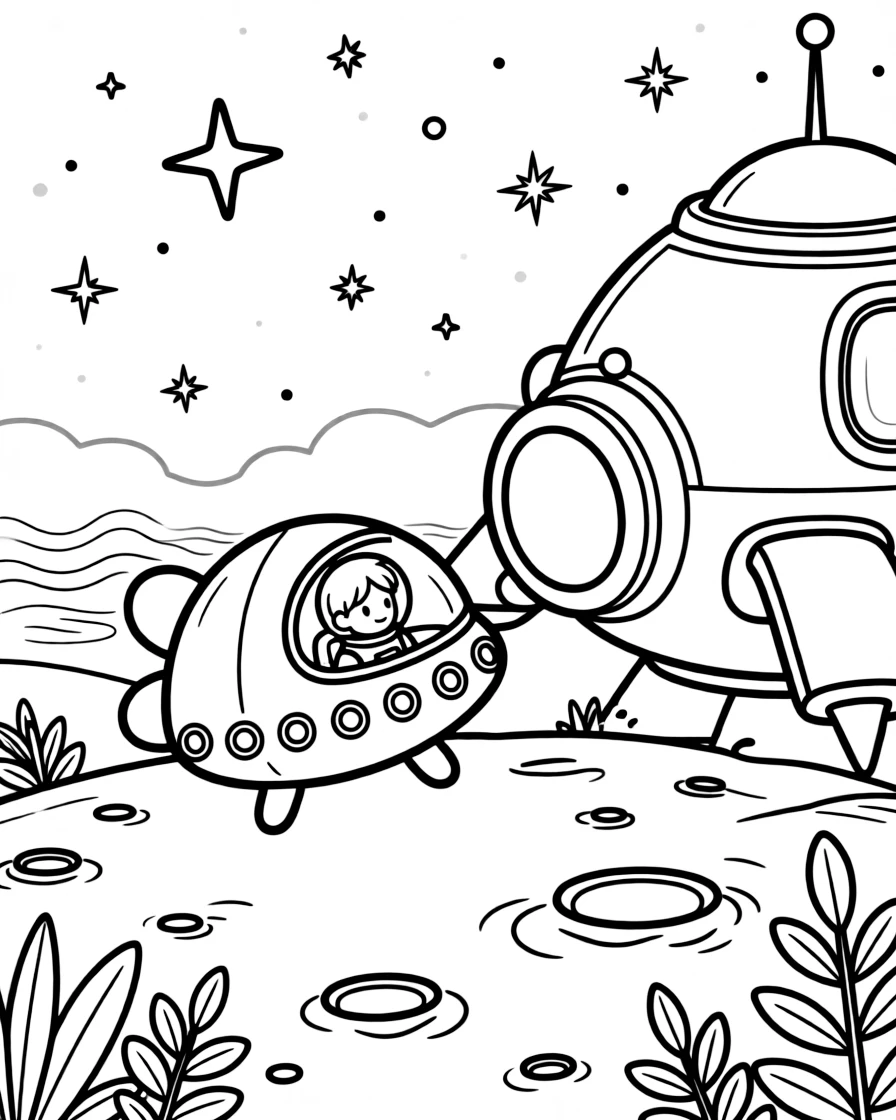 [Spaceships] a small one-person space pod docking with a space station on the surface of a rocky alien moon. In the background, distant stars twinkle across the dark sky, adding extra fun to explore. Tiny portholes line the ship's hull. It all happens on a foggy morning, with heat waves shimmering in the distance.