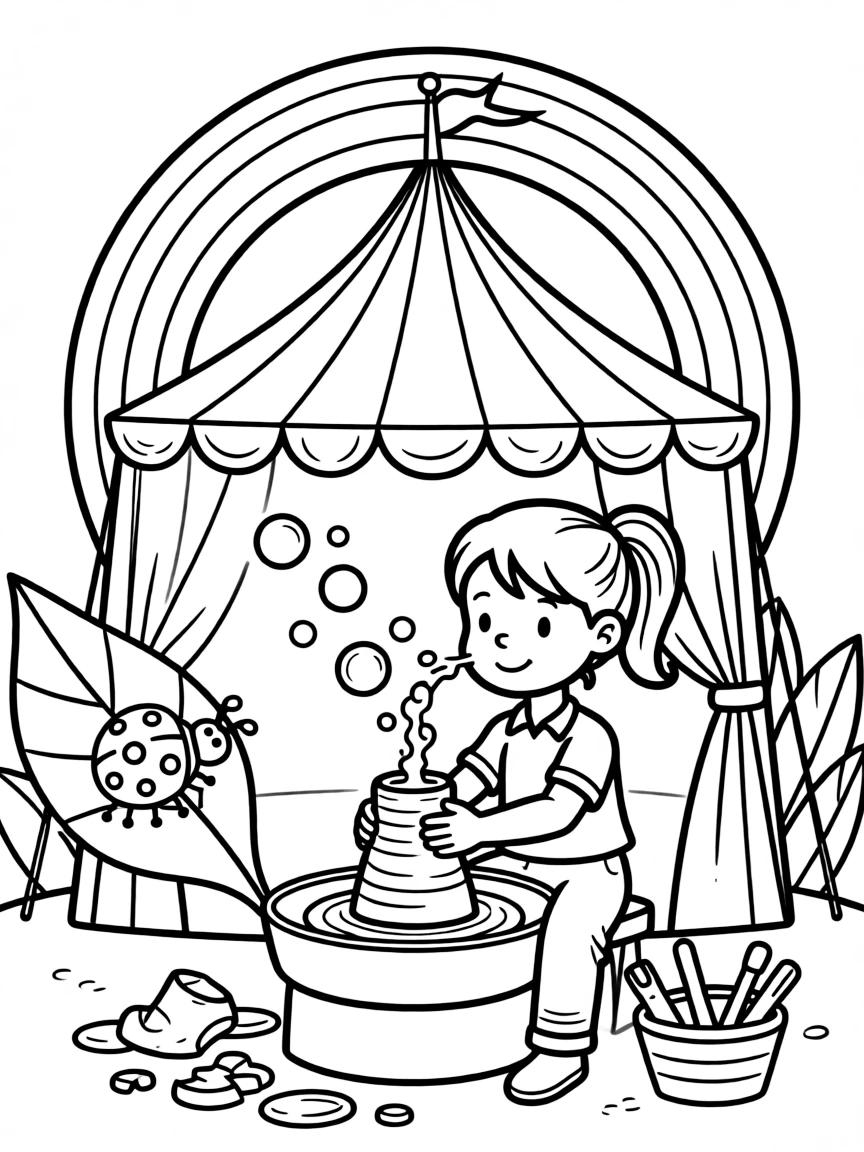 A girl potter shaping clay on a spinning wheel is blowing a stream of shimmering soap bubbles inside a circus tent during a cheerful show. Nearby, a curious ladybug resting on a leaf and a soft rainbow arching overhead fill the page with charm.