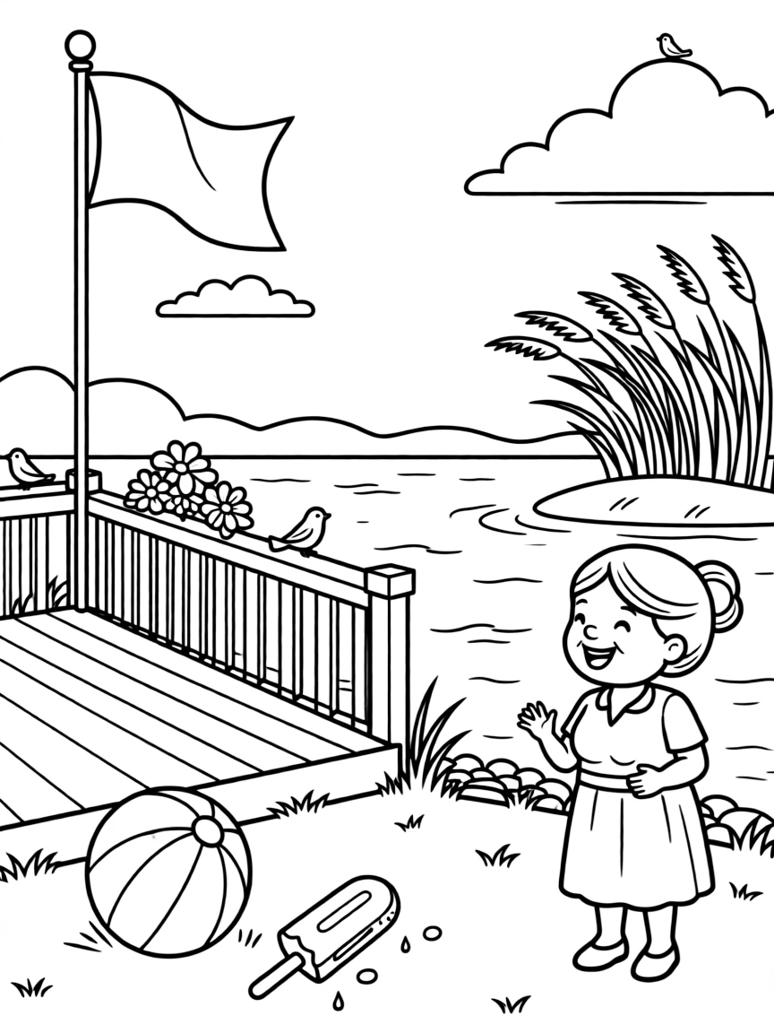 A porch decorated with a waving flag by a sparkling lake surrounded by tall grass, while a cheerful grandmother looks on nearby, a striped beach ball and a popsicle melting in the sun completing the scene.