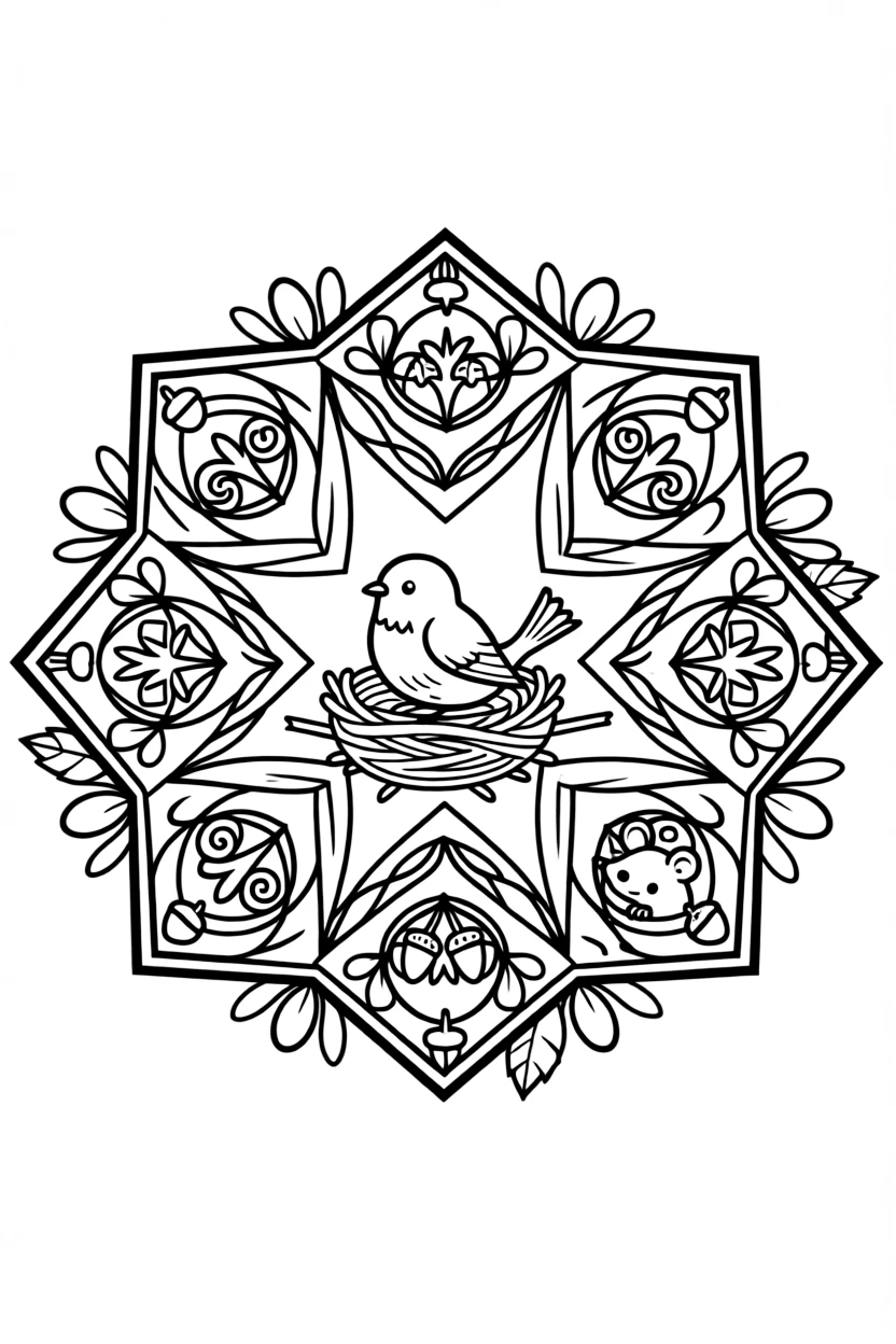 Birds: The main subject is a robin resting on a small twig nest, drawn as the focal point of a hexagon-based mandala built from six matching wedges. It is positioned in the middle of the page so the design radiates outward evenly in every direction. Decorative details fill the surrounding space, including loops of ribbon curling back on themselves, clusters of tiny acorns, and rows of teardrop-shaped petals woven throughout the background. A playful extra touch completes the page: a curious little mouse peeking out from behind one of the shapes.