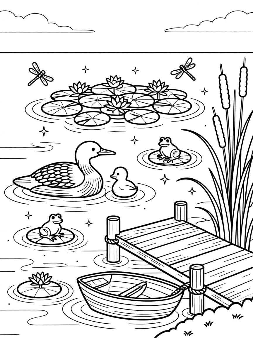 [Lakeside] A loon and her chick float peacefully near a patch of lily pads on a quiet lake. Dragonflies skim across the surface while frogs sit on lily pads near the shoreline. A small wooden rowboat rests beside the dock, tied to a post near a cluster of cattails. Warm afternoon sunlight sparkles across the lake beneath a clear blue sky.