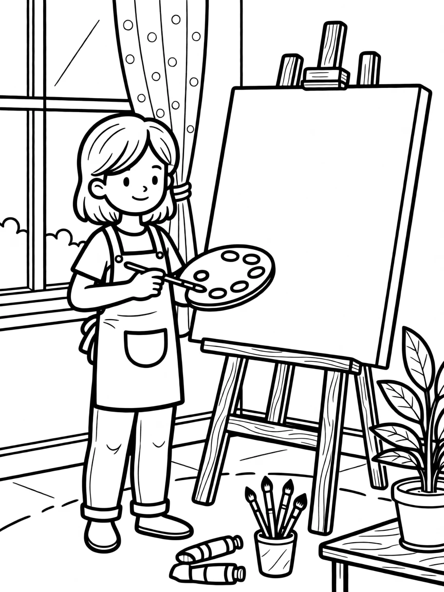 A painter stands before a big canvas, mixing colors on a wooden palette in a sunny art studio.