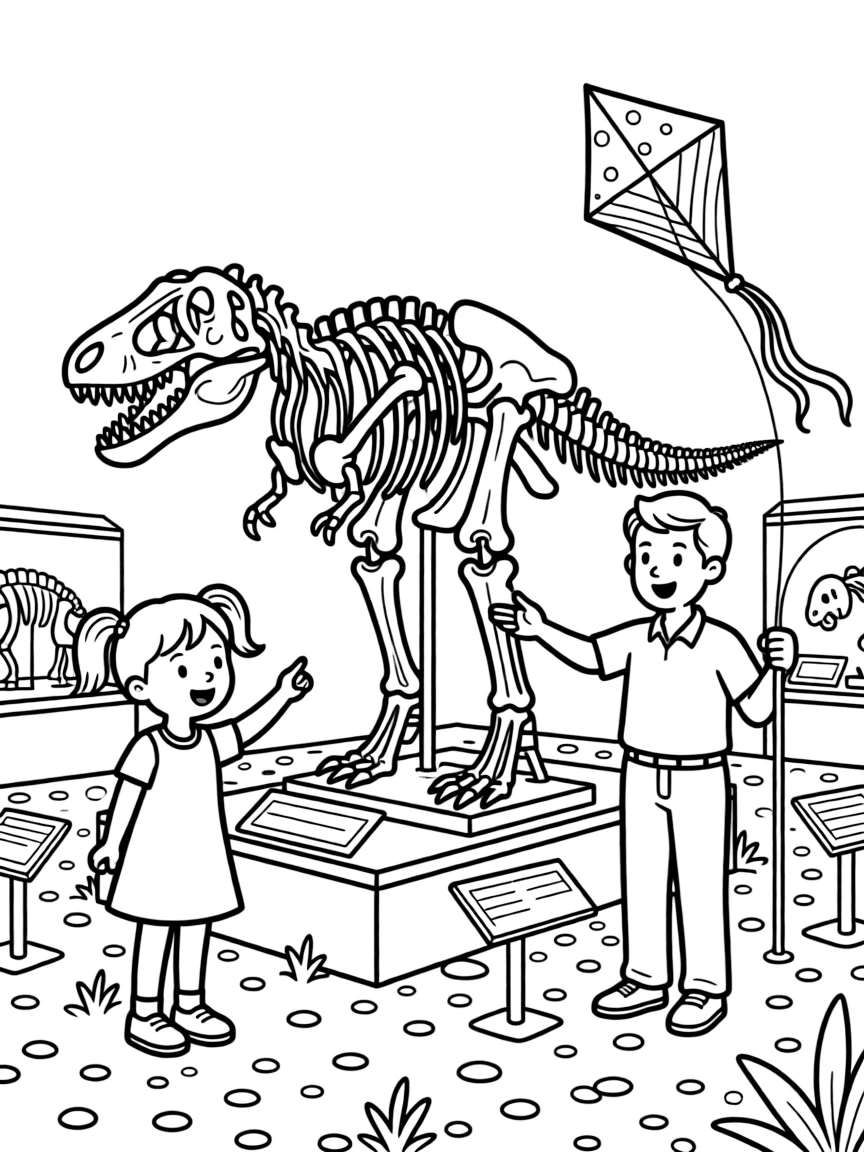 A girl in pigtails looking at dinosaur bones with a museum guide with a kite dancing in the wind.