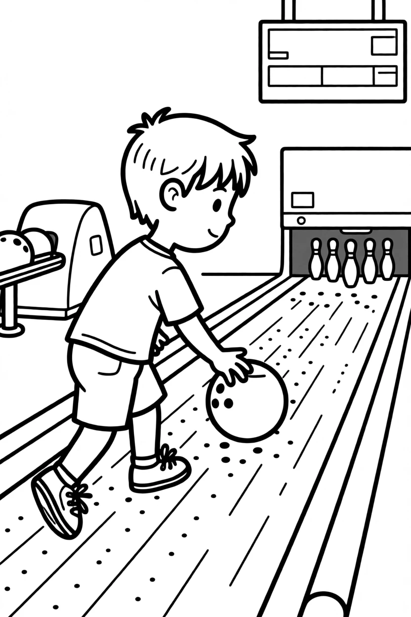 A cheerful young boy, rolling a bowling ball down the lane, aiming straight for the triangle of pins.