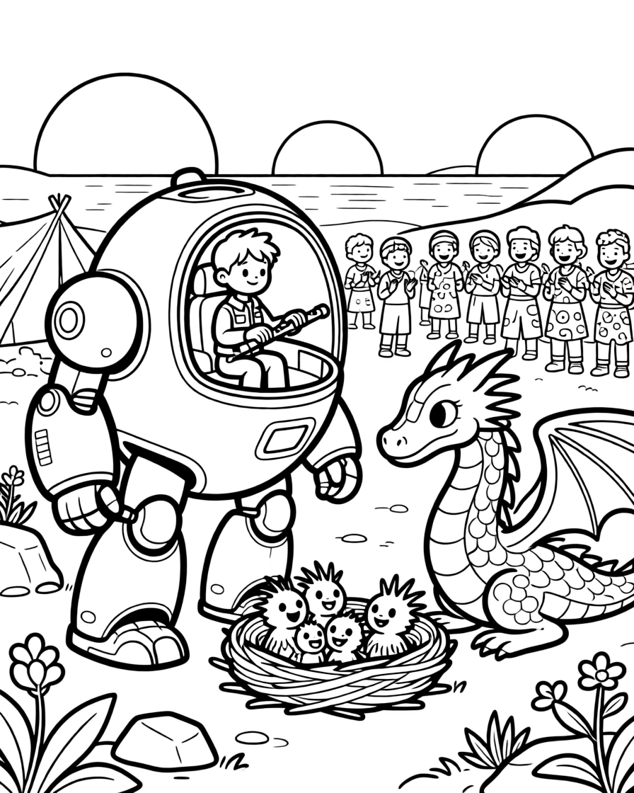 Young pilot Quill riding inside the friendly giant mech Guardian Prime taming a wild but friendly space dragon with a gentle melody near a quiet campsite on a moon with two setting suns, surrounded by a nest of baby alien creatures chirping happily and a cheerful crowd gathered for a festival.