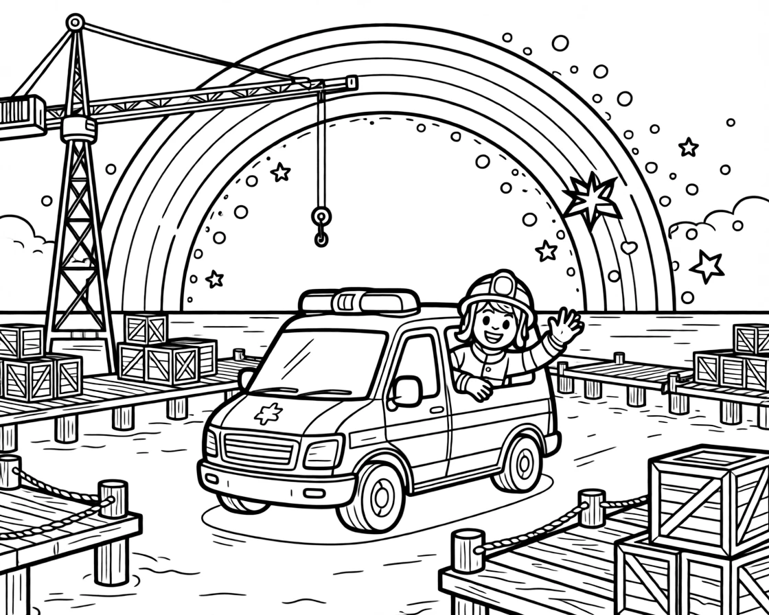 The scene captures an ambulance with flashing lights rushing to help in the middle of a busy harbor lined with docks, cranes, and stacked crates, with a proud firefighter leaning out to wave nearby and a rainbow arching across the sky sprinkled around for extra fun.
