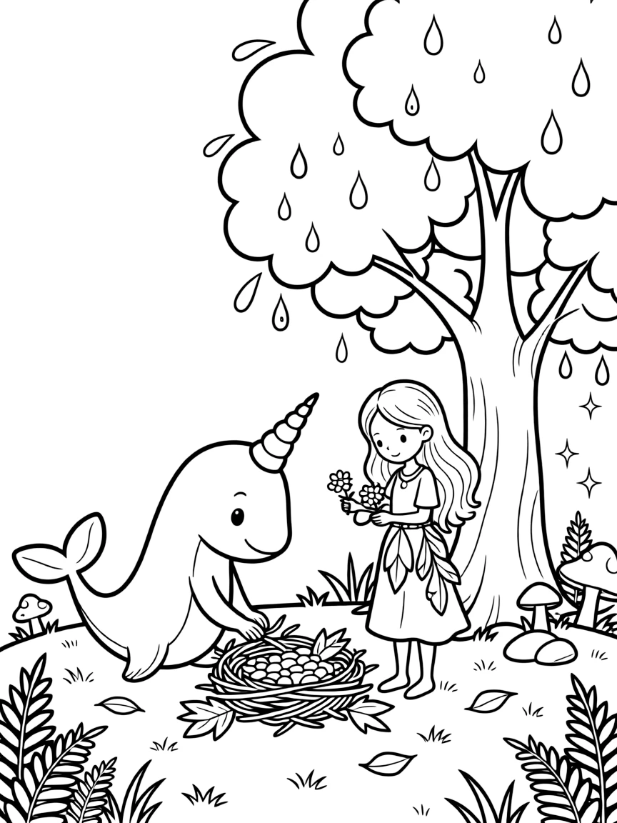 A narwhal in an enchanted forest clearing, building a tiny nest together with a gentle forest spirit, next to a towering oak tree, as dewdrops sparkle on the leaves.