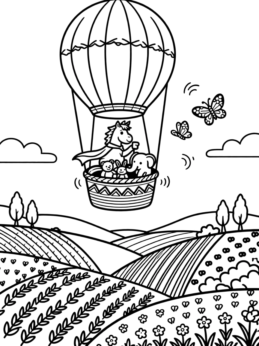 On a hot air balloon ride over a patchwork valley, a brave unicorn foal discovers the joy of putting on a puppet show for stuffed animal friends, while a rainbow of butterflies fluttering by watches happily nearby. Giggles echo happily through the whole valley.