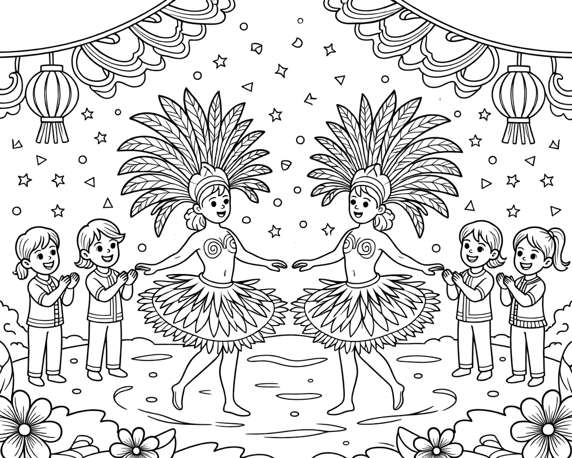 A coloring page capturing a joyful festival moment in Philippines: the Sinulog festival with dancers twirling in bright feathered costumes, surrounded by smiling children, decorations, and confetti in the air.