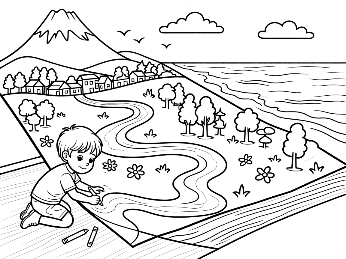 a bright-eyed small child traces a river's path on a large floor map from mountain to sea.