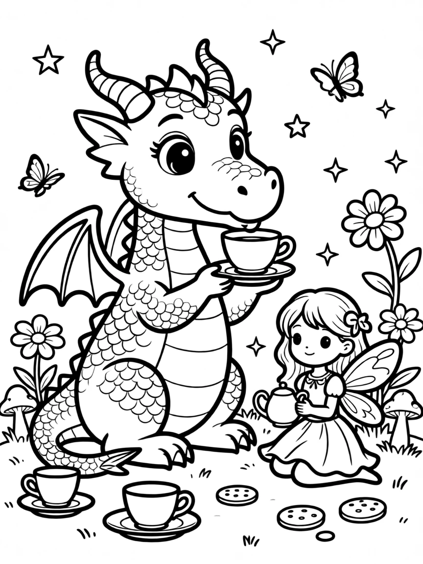 A dragon carefully balances a teacup on its snout during a whimsical tea party hosted by a giggling fairy princess.
