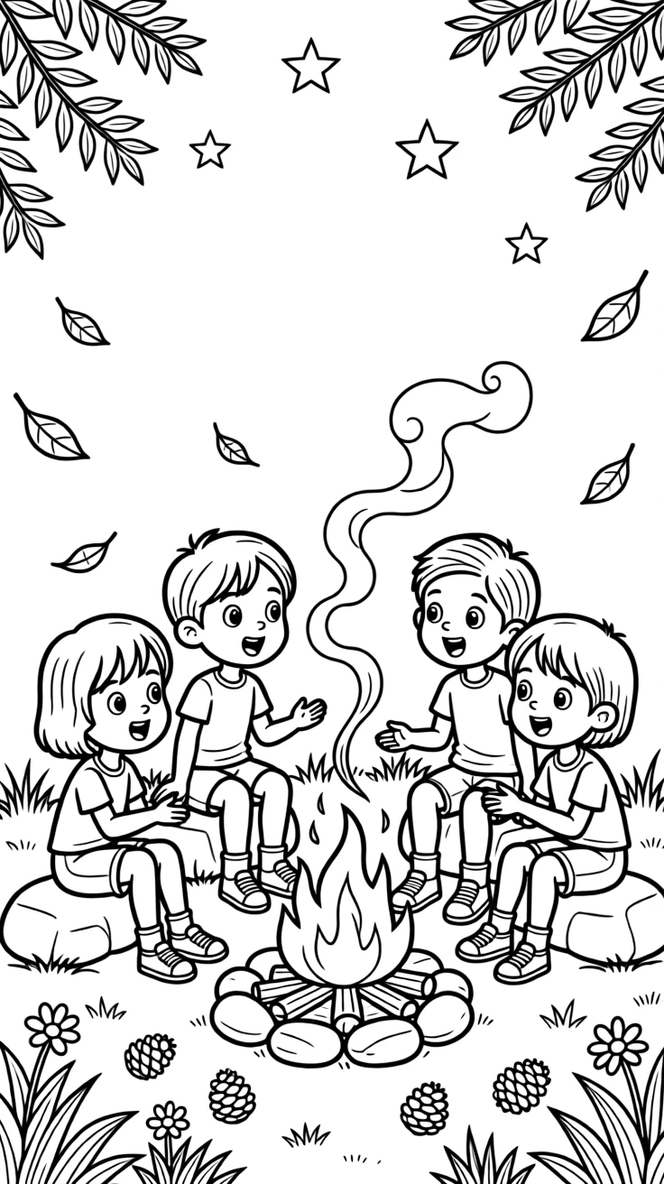 [Camping] a group of friends around a campfire telling stories beneath a starry sky near a crackling campfire, wide-eyed with wonder. Nearby, pinecones and rocks dot the campsite. Smoke curls gently up from the campfire. The scene is captured during a bright summer day, with autumn leaves swirling in the wind, giving the page a lively and adventurous feel that invites plenty of colorful detail.