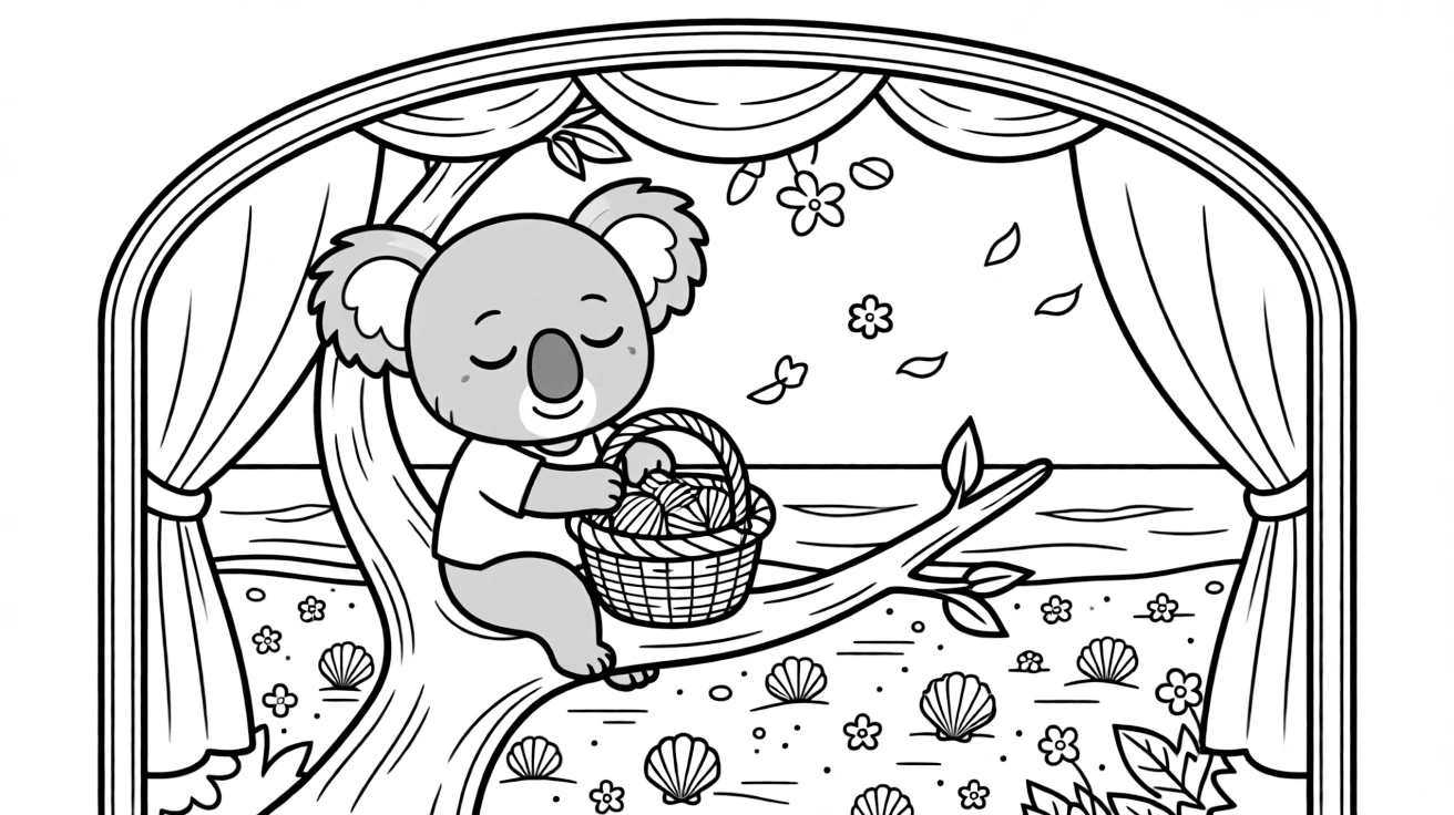 A sleepy koala clinging to a branch is gathering seashells into a woven basket inside a puppet theater with a painted backdrop. scattered flower petals drifting in the breeze and glittering seashells scattered on the sand make the setting feel extra special.
