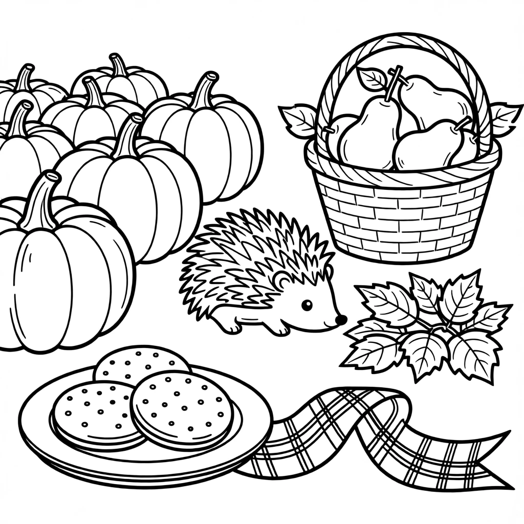 A plate of shortbread beside a tartan ribbon on a farm surrounded by rows of golden pumpkins, alongside a plump little hedgehog and a pile of crunchy leaves ready for jumping, with a bushel basket of pears close by.