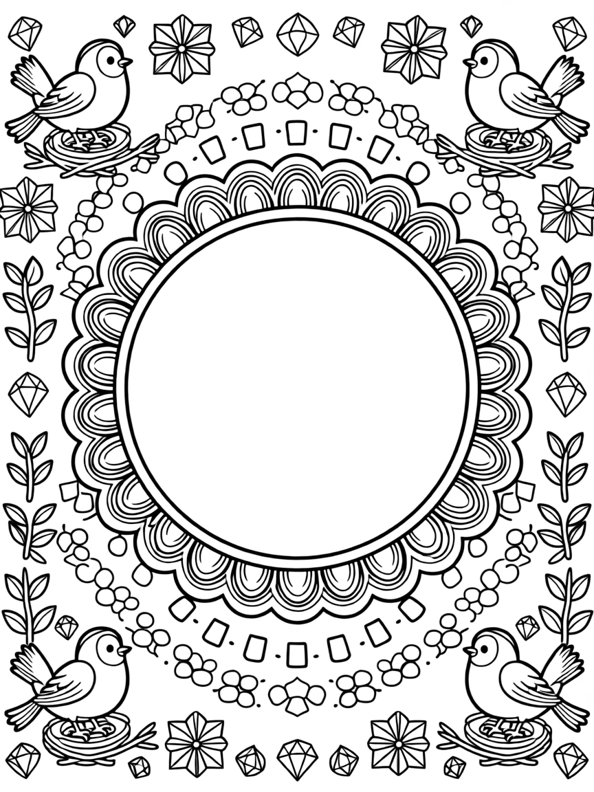 Birds: The page centers on a repeating motif of a robin resting on a small twig nest, built around a scalloped wreath mandala with rounded overlapping arcs. The motif is repeated in a corner-to-corner border that circles the entire page, leaving a round open area in the middle. Decorative details fill the surrounding space, including pinwheel blades spinning in place, rows of gentle leaf veins branching outward, and a field of tiny honeycomb cells woven throughout the background. A playful extra touch completes the page: a few sparkling gem shapes dotted along the outer border.