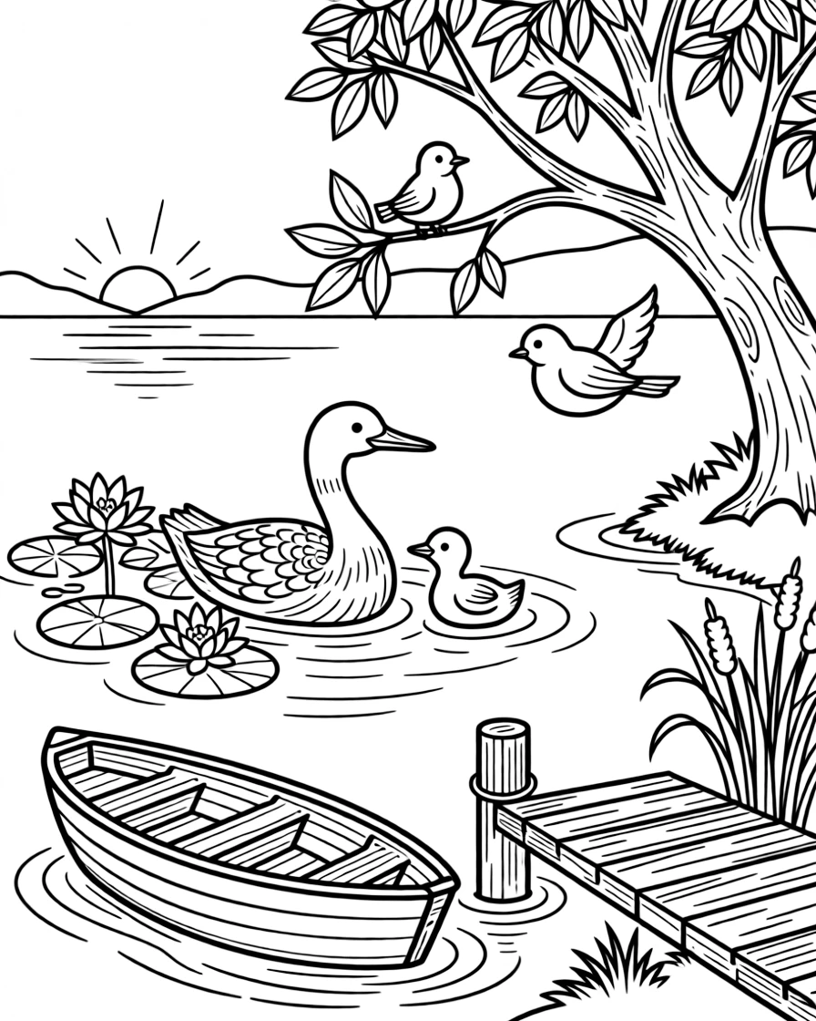 [Lakeside] A loon and her chick float peacefully near a patch of lily pads on a quiet lake. Songbirds flit between branches of a tree leaning over the water's edge. A small wooden rowboat rests beside the dock, tied to a post near a cluster of cattails. The lake glows pink and gold as the sun rises slowly over the distant hills.