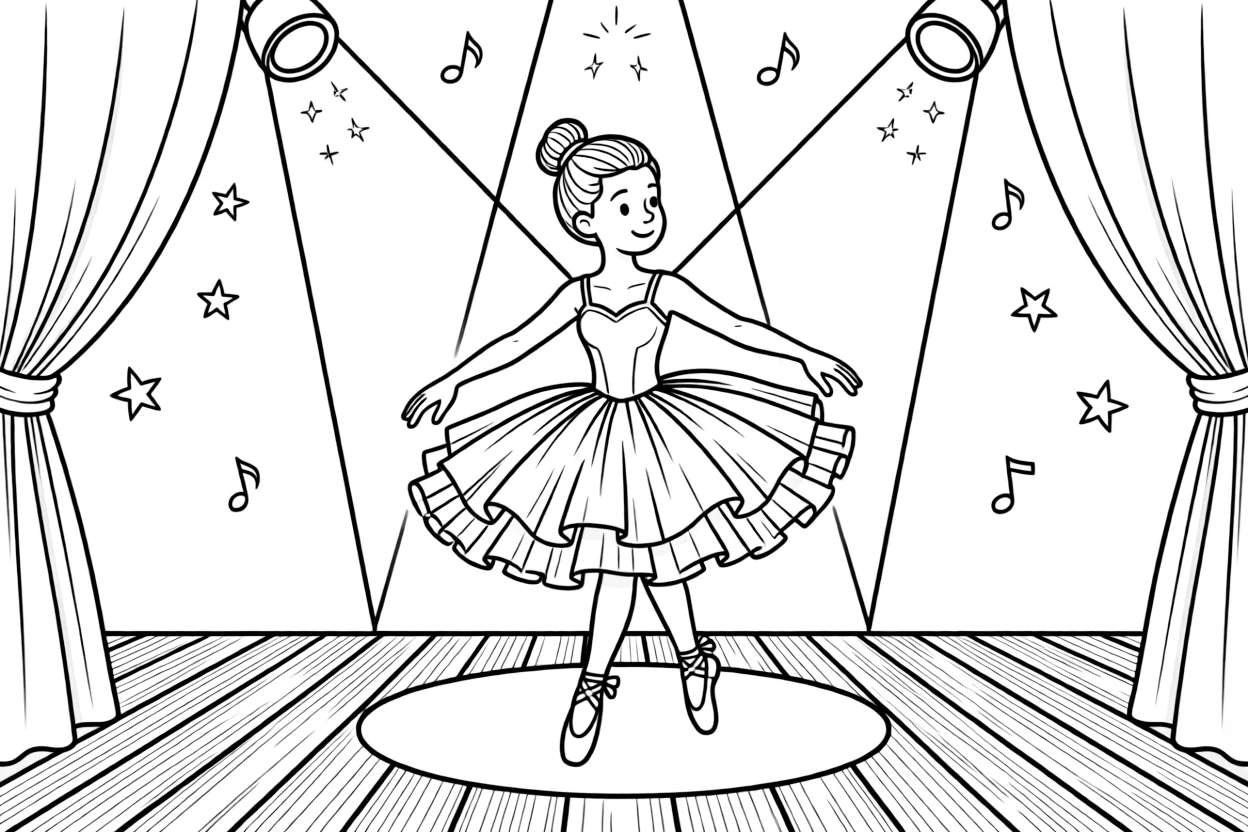 A ballet dancer twirls gracefully on a stage under bright spotlights, wearing a flowing tutu.