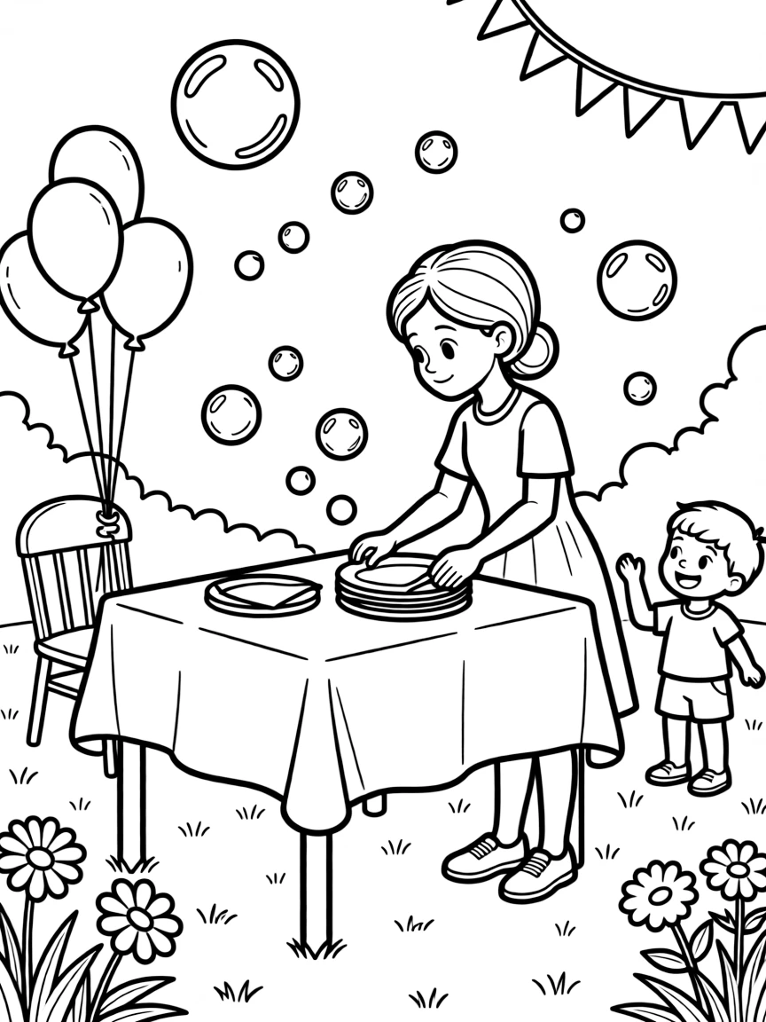 An older sister helping set up a table at a local parade as soap bubbles float upward.