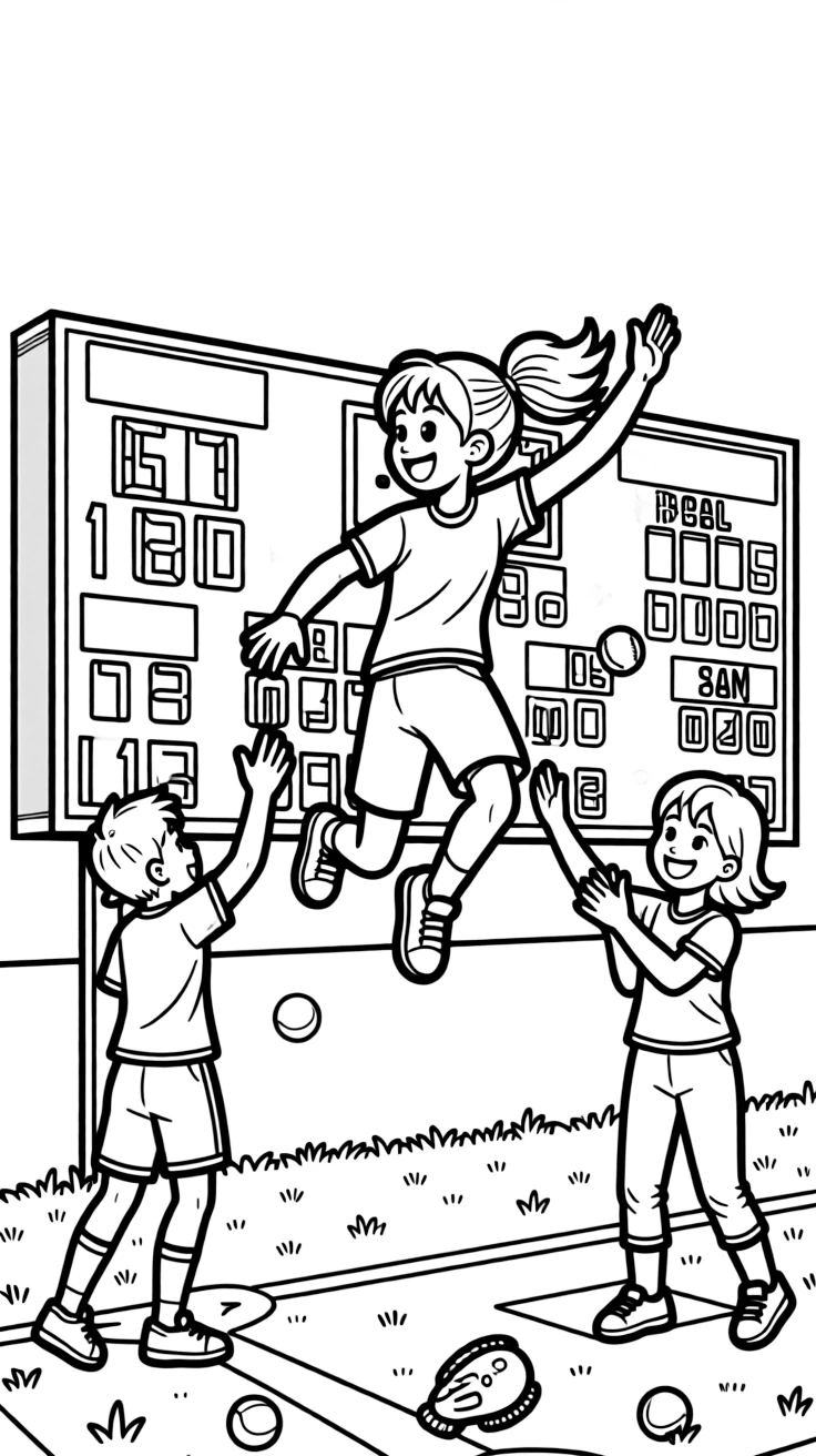 A determined girl with pigtails, celebrating a strike by jumping and high-fiving friends near the scoreboard.