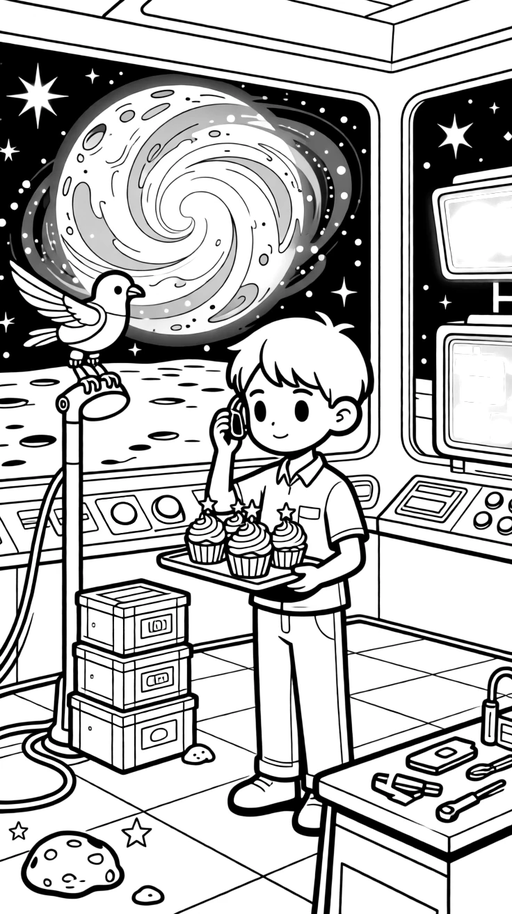 Inventor kid Titan testing a translator earpiece delivering birthday cupcakes to a colony on the far side of the moon in a research base at the edge of a swirling nebula, as a robotic bird perched on a lamp post and a stack of colorful supply crates fill the scene.