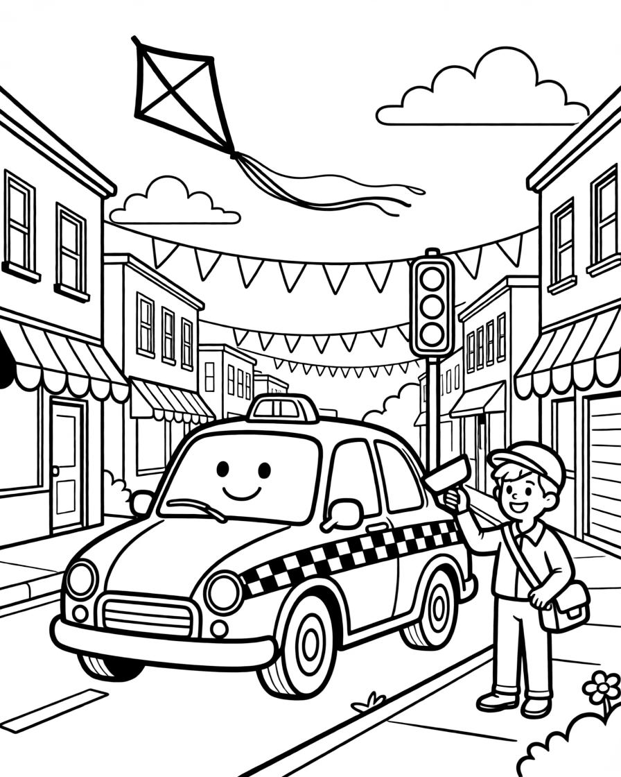 This page centers on a friendly city taxi with a checkered stripe exploring a small town main street decorated with fluttering flags, featuring a friendly mail carrier tipping his hat and little extras like a kite dancing in the breeze above and a signal light blinking cheerfully.