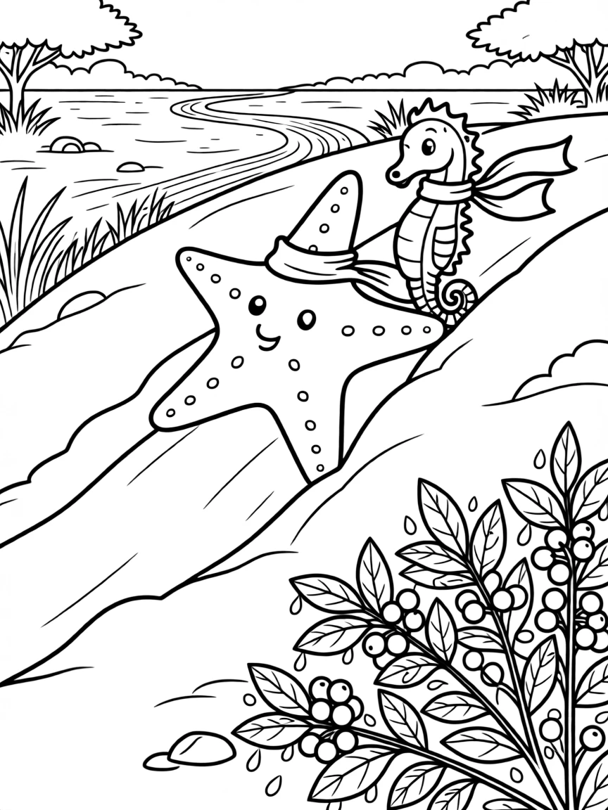A starfish along a dusty savanna trail, sledding down a snowy hill with a seahorse, next to a berry bush, as dewdrops sparkle on the leaves.