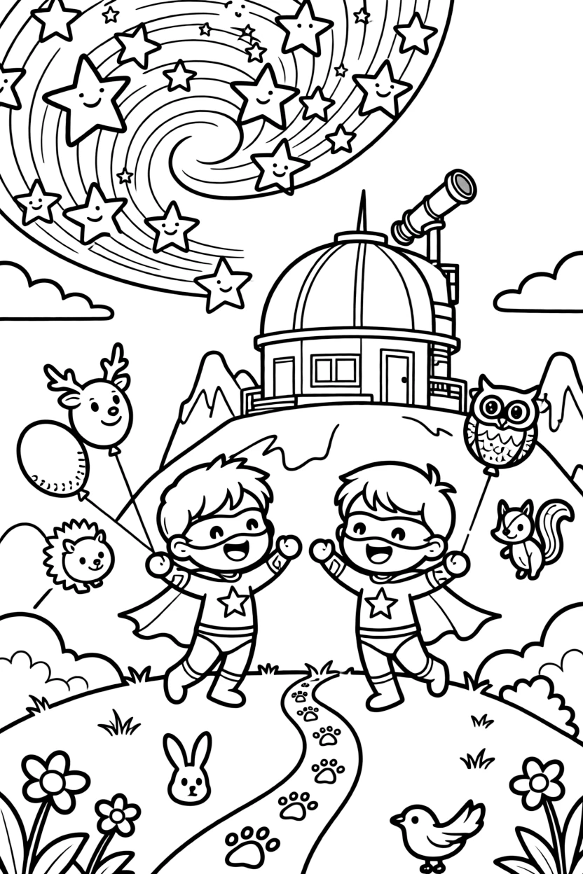 A fluffy toddler superhero twins is playing an epic game of hide and seek at a mountaintop observatory under a swirl of stars, joined by a trail of paw prints leading into the distance and balloons shaped like friendly woodland animals. Warm smiles and happy cheers fill the scene.