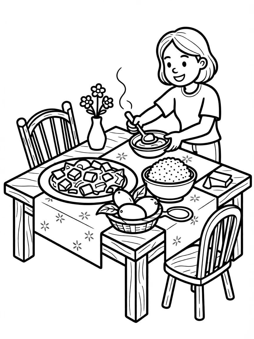 A coloring page showing a delicious spread from Philippines: a table with adobo, rice, and fresh mangoes, set out on a table with a friendly family member serving portions.