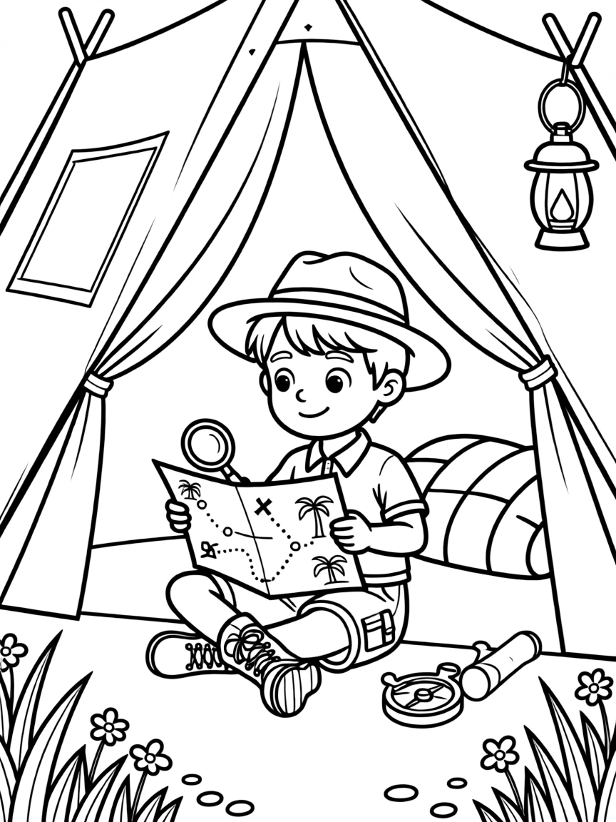 a cheerful young boy dresses as an explorer, studying a treasure map inside a tent.