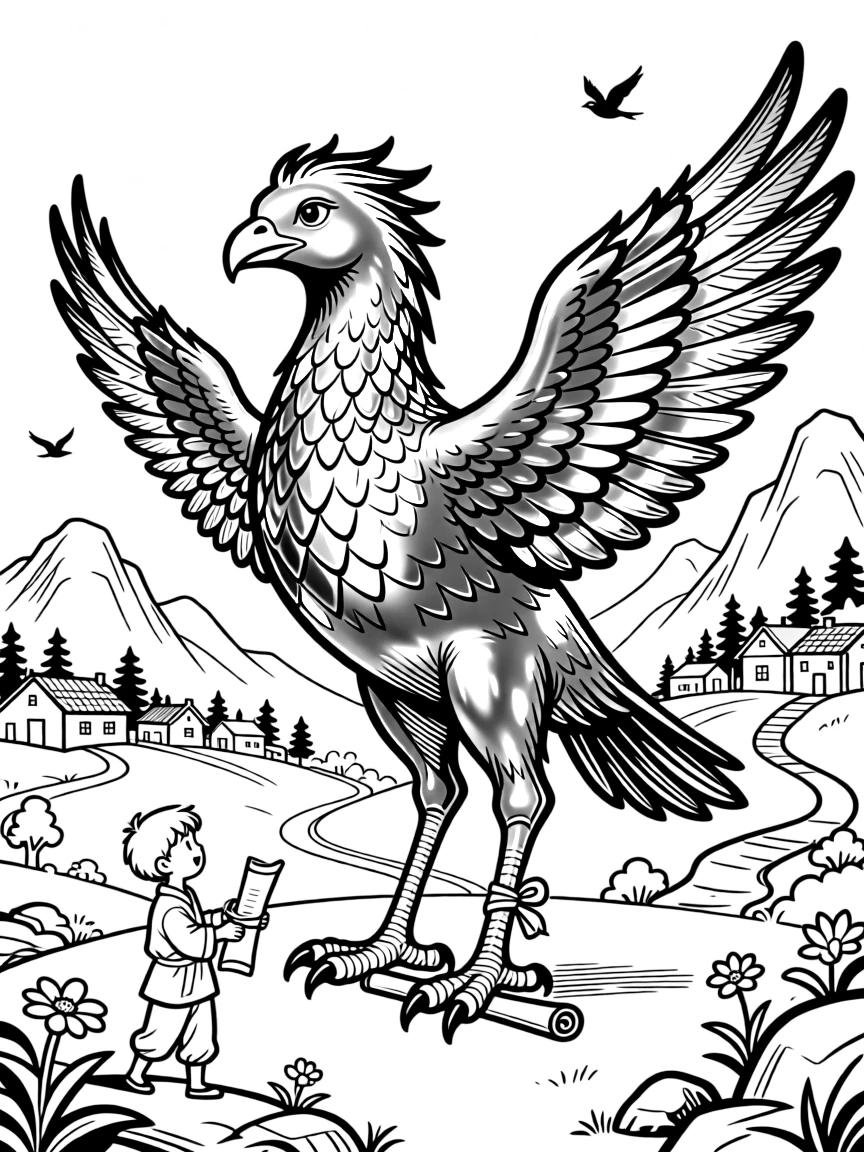 A giant's pet bird, larger than a horse, delivers scrolls between mountain villages, its feathers shimmering like polished bronze.
