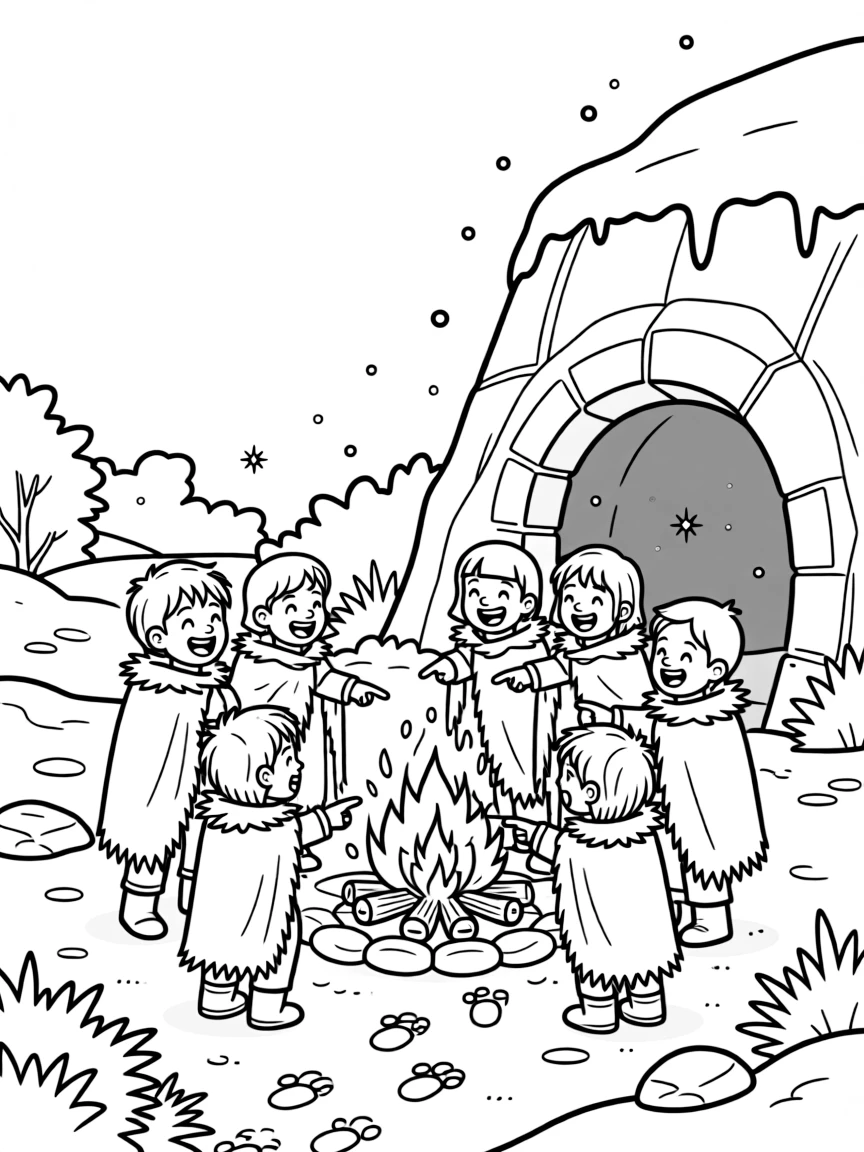 [Prehistoric Worlds] A dynamic scene shows a group gathered around a fire tracking animal footprints across snow outside a rocky cave dwelling, grinning with excitement. Close by, snow blankets the rugged landscape. Fur wraps provide warmth against the cold. The moment unfolds at high noon, with fireflies beginning to glow, filled with energetic detail perfect for a young colorist.