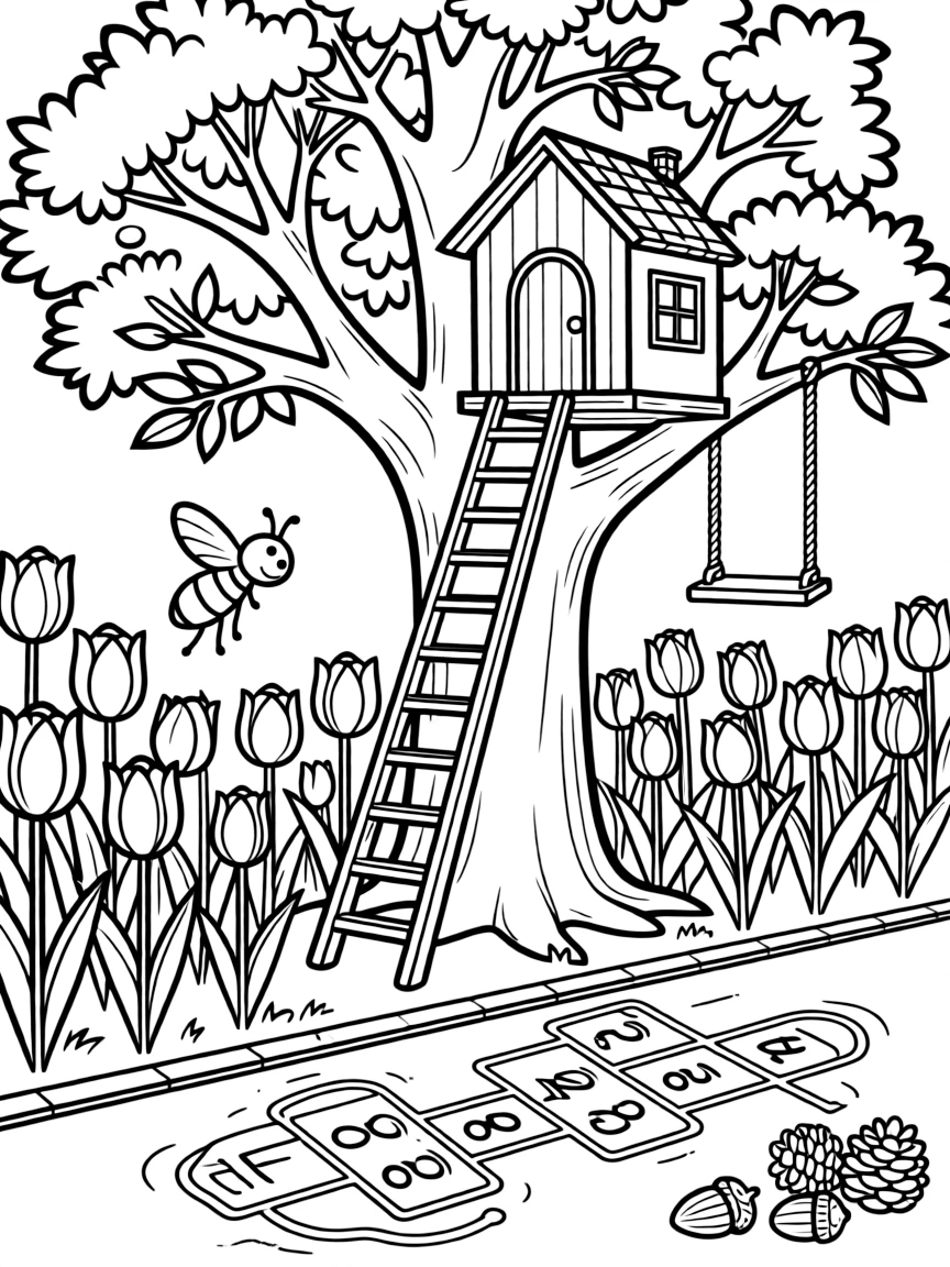 A glowing firefly is climbing up to a treehouse hideaway in a tulip field in full bloom. Nearby, a hopscotch grid chalked onto the pavement and a cluster of acorns and pinecones scattered about make the setting feel extra special.