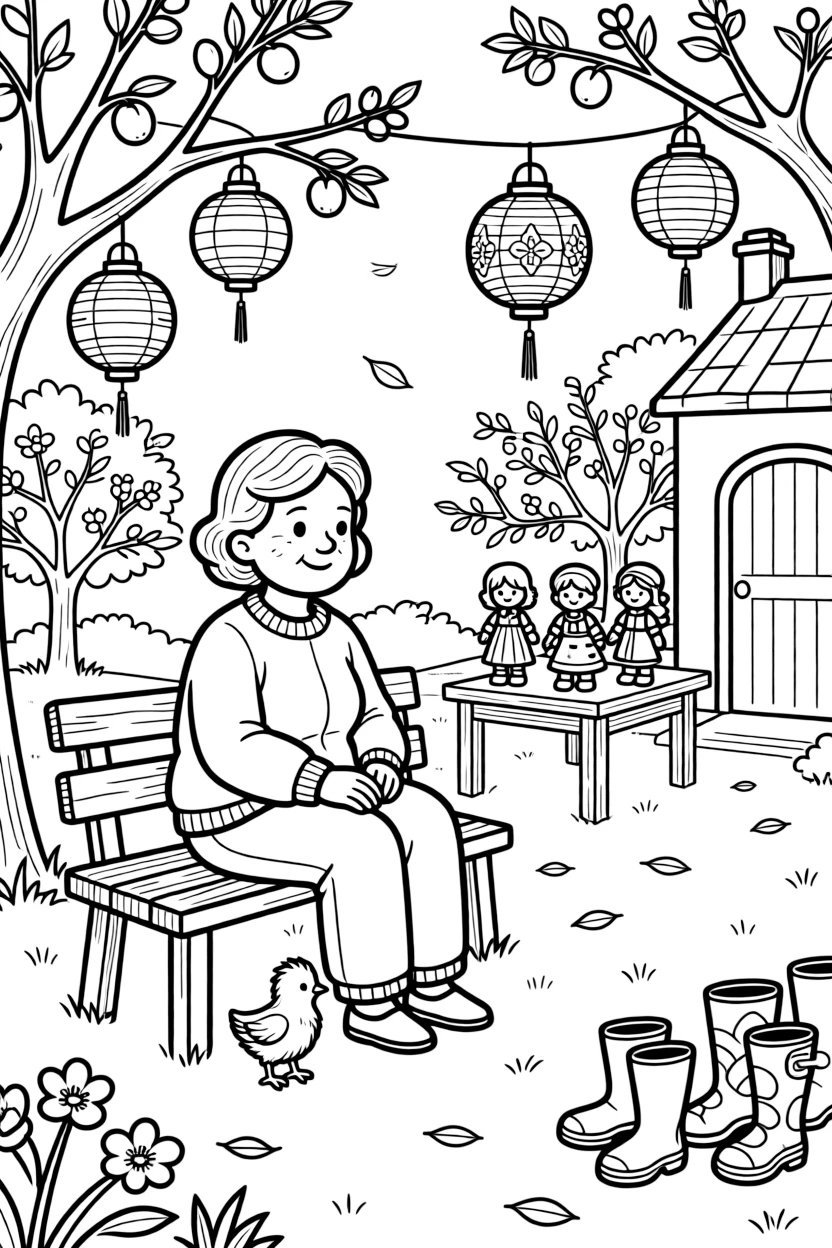 A cheerful grandmother sitting beside paper lanterns hung beside a doll display in an orchard where fruit trees are just beginning to flower, with a fuzzy baby chick and a row of rain boots by the door scattered about.