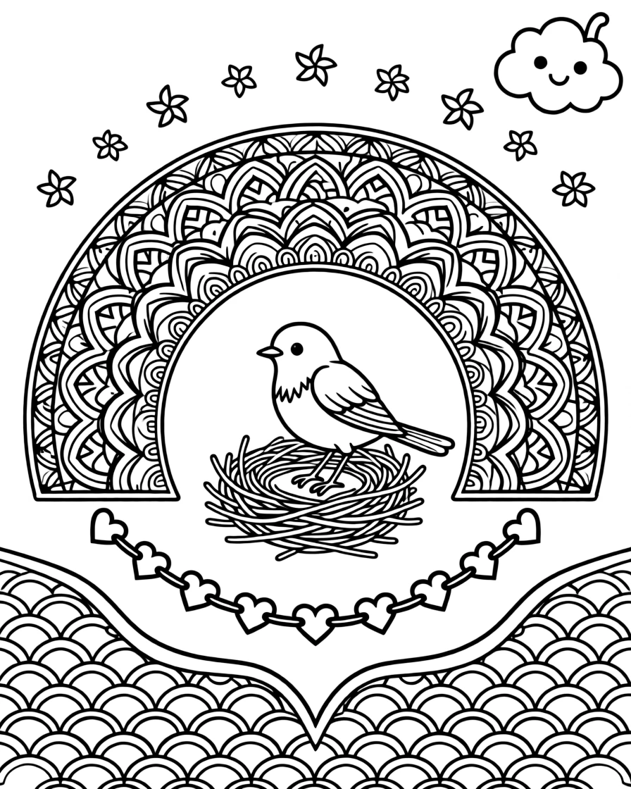 Birds: The page presents a small themed scene built around a robin resting on a small twig nest, tied together by an arched dome mandala built from layered nested arches. The scene is positioned in the middle of a balanced layout, with smaller matching details arranged above and below. Decorative details fill the surrounding space, including tiny pinwheel stars, a chain of linked heart shapes, and overlapping fish-scale textures woven throughout the background. A playful extra touch completes the page: a small round cloud with a friendly face tucked into a corner.
