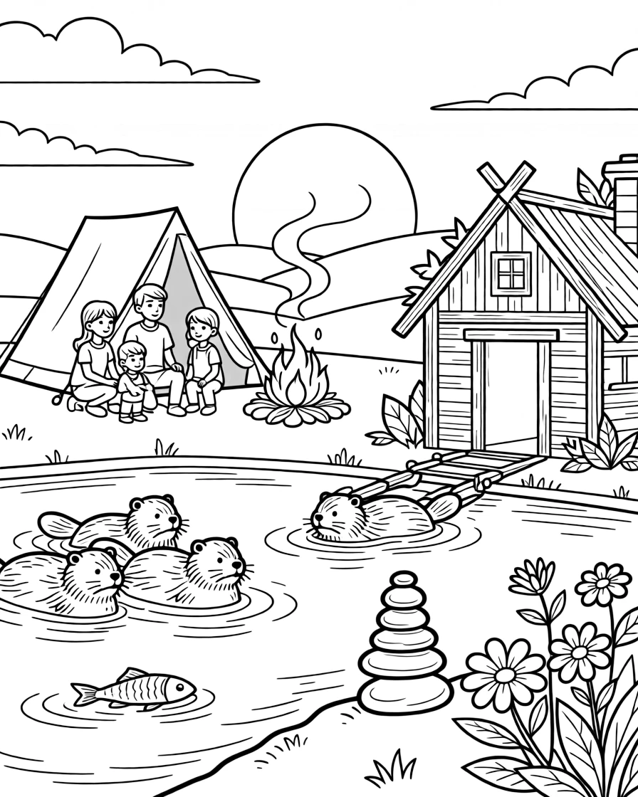 [Lakeside] A family camps beside a lake, their little tent pitched near a crackling campfire. A family of beavers swims toward their lodge as fish ripple the water nearby. Smooth stones are stacked in a little tower near the water's edge, beside a patch of wildflowers. The lake glows pink and gold as the sun rises slowly over the distant hills.
