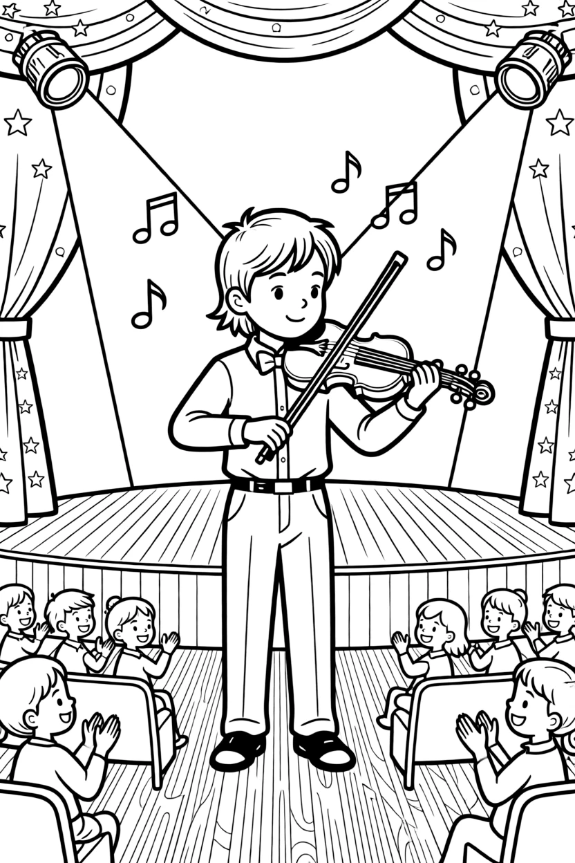 A violinist plays on stage in a concert hall, bow gliding across the strings.