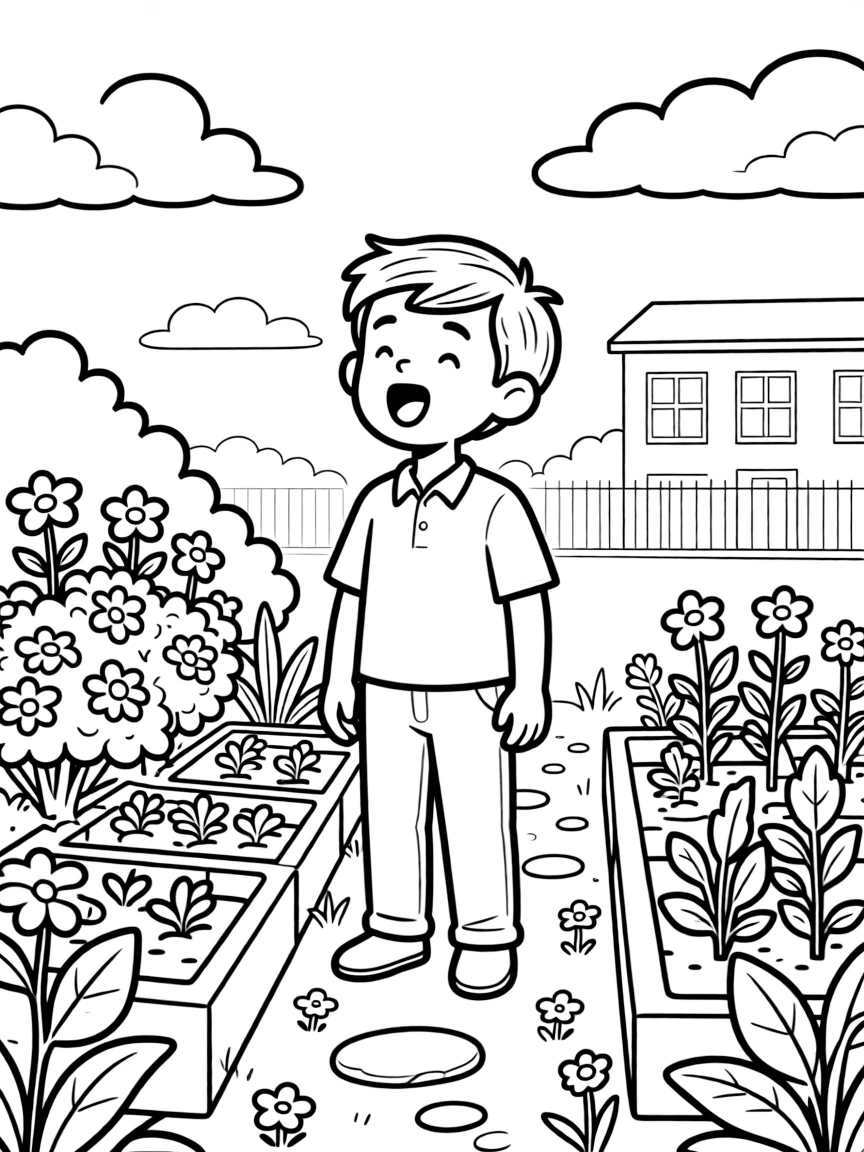 An older brother singing in the school choir at a school garden plot while fluffy clouds drift by.