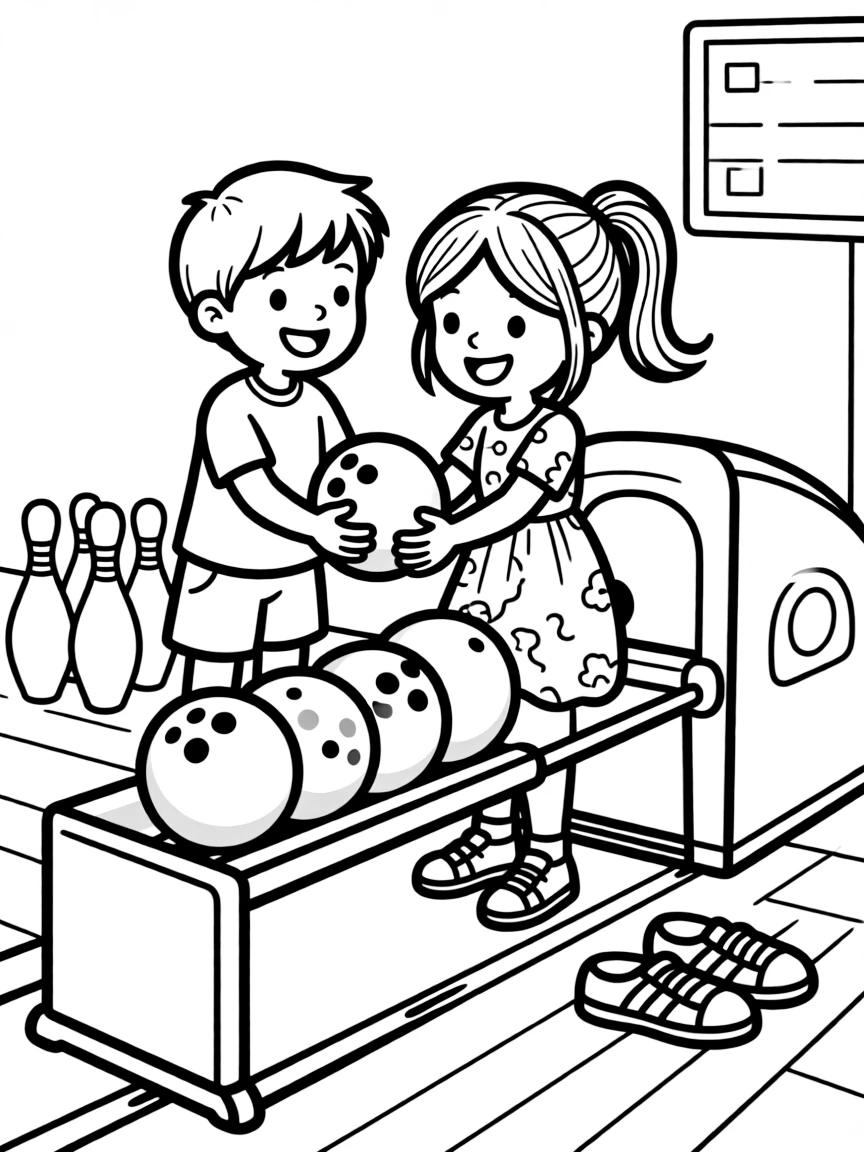 A pair of best friends, picking out a colorful bowling ball from the rack before their turn.