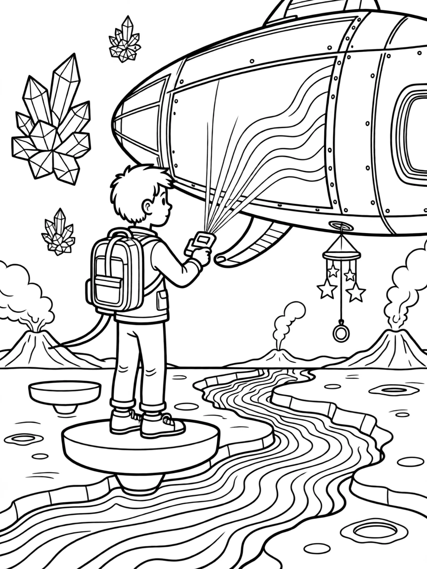 Inventor kid Zephyr testing a jetpack backpack painting a mural on the side of a spaceship using color-changing light beams in a lava planet with rivers of glowing orange magma and floating platforms, as a wind chime made of tiny metal stars and a cluster of floating crystals humming softly fill the scene.