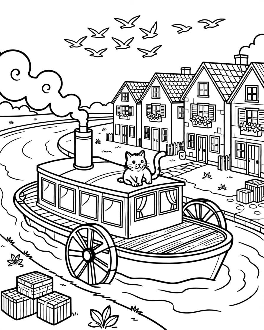 In this scene, a paddle-wheel riverboat drifting past a sandy riverbank is the star of a winding canal lined with cheerful painted houses, joined by a curious cat perched on the hood, with a flock of birds flying alongside in formation and stacks of colorful cargo boxes ready to be unloaded scattered throughout for kids to color.