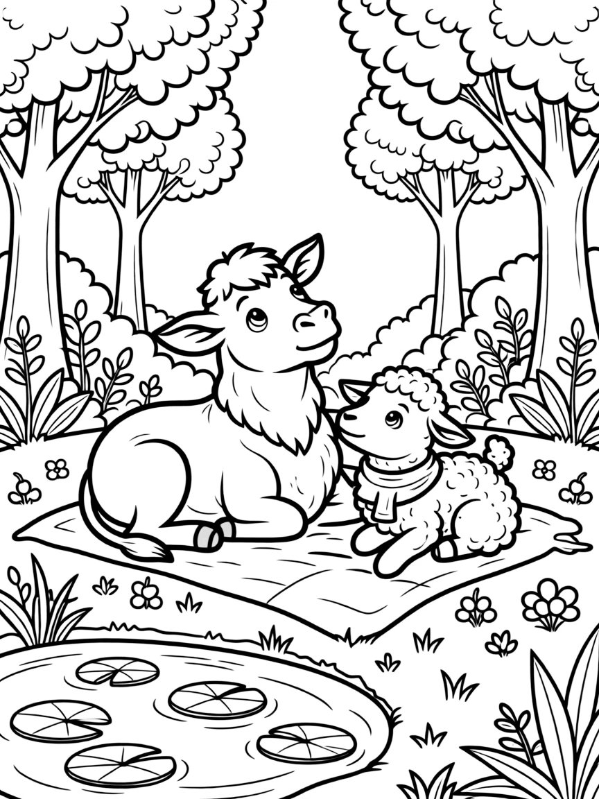 A calf in an enchanted forest clearing, stargazing on a blanket with a lamb, next to a lily pad pond, with ripe berries scattered on the ground.