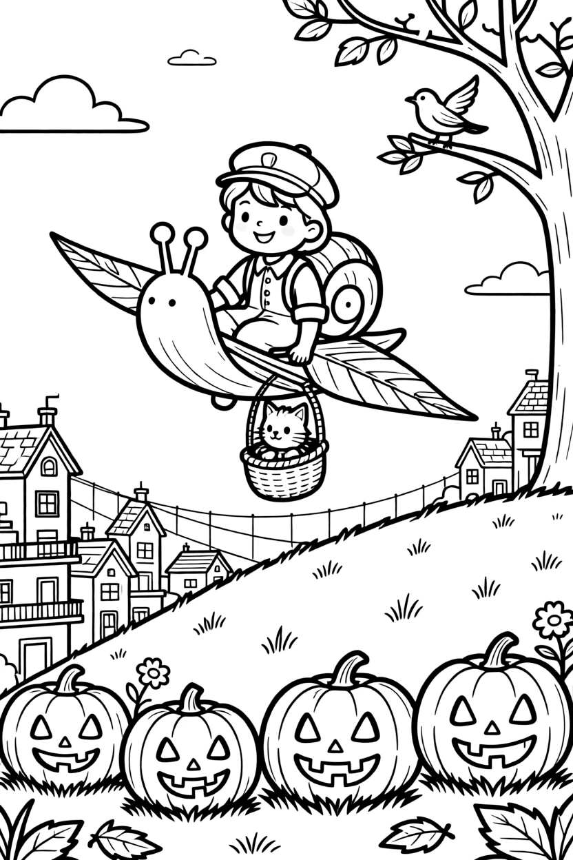 In a treetop city connected by zip lines, a cheerful snail mail carrier is busy flying a homemade glider off a grassy hill, cheered on by a curious kitten peeking out from a basket and a row of jack-o'-lanterns grinning in the dark. It's a perfectly wonderful, magical moment.